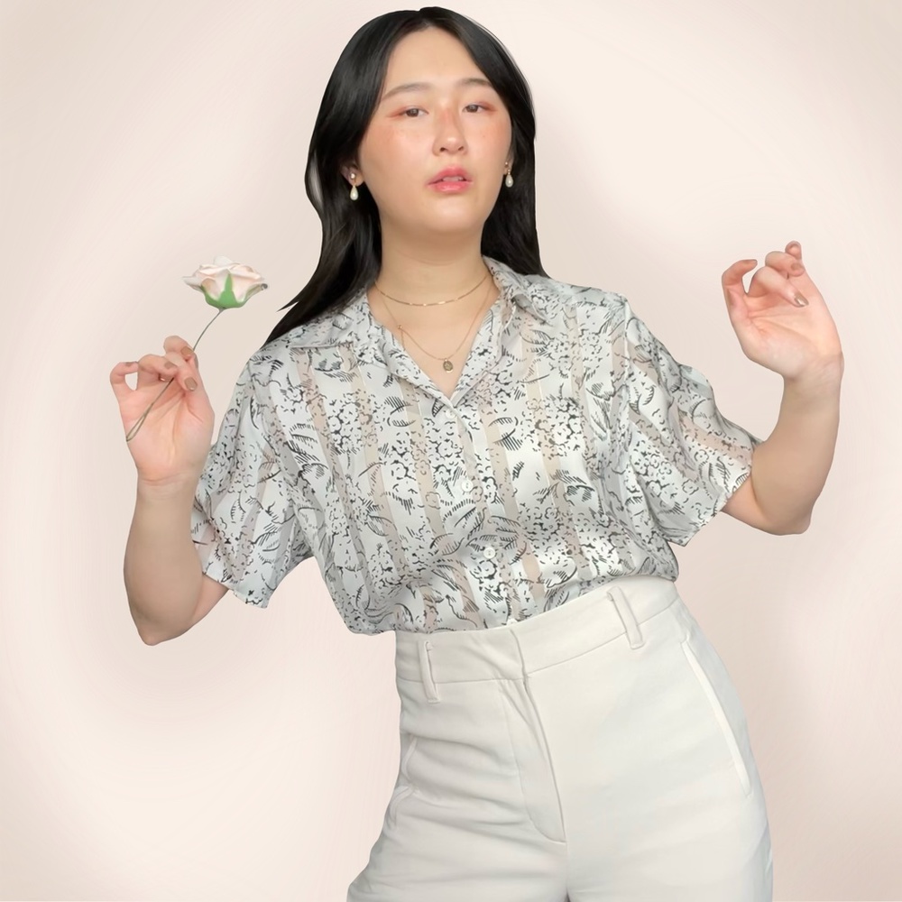 vtg floral white silver sheer striped blouse